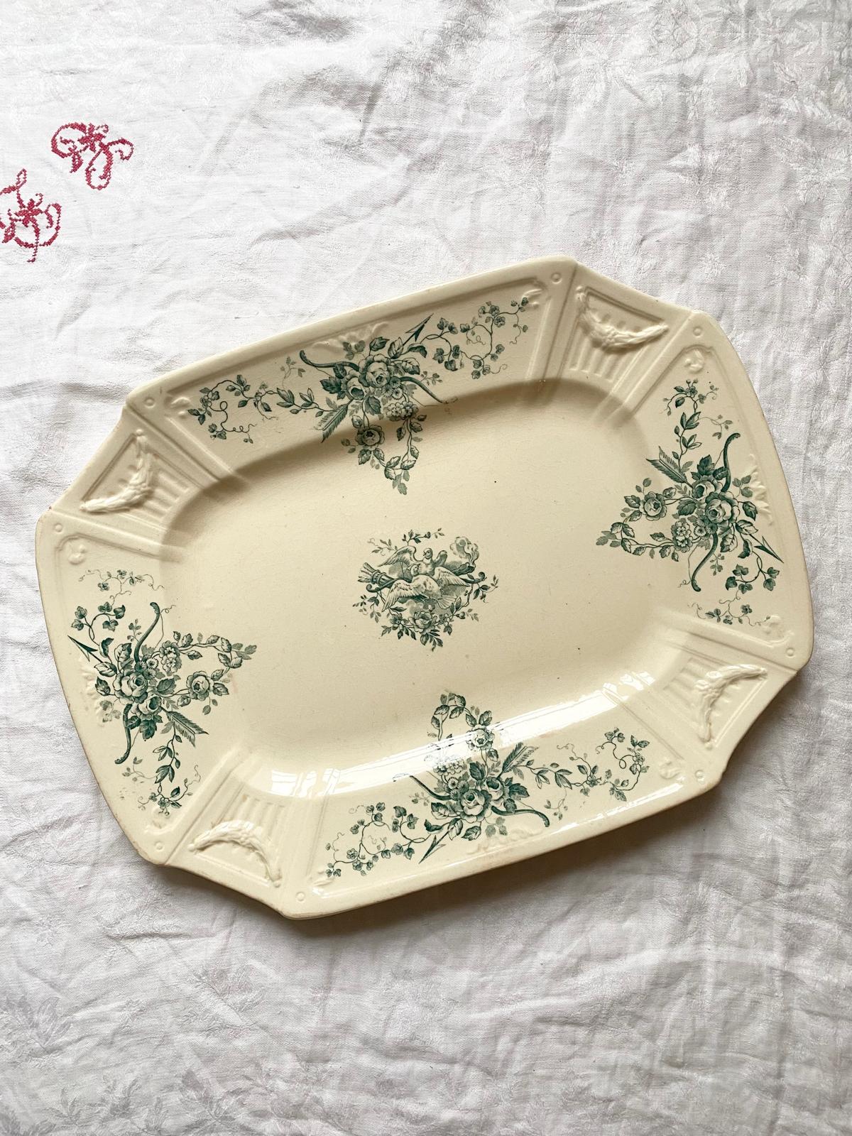 Plat en terre de fer verte Oiseaux Gien