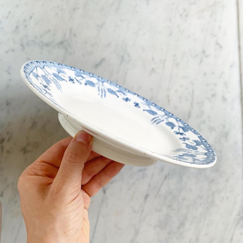 Assiette sur pied Noisettes Sarreguemines terre de fer bleue