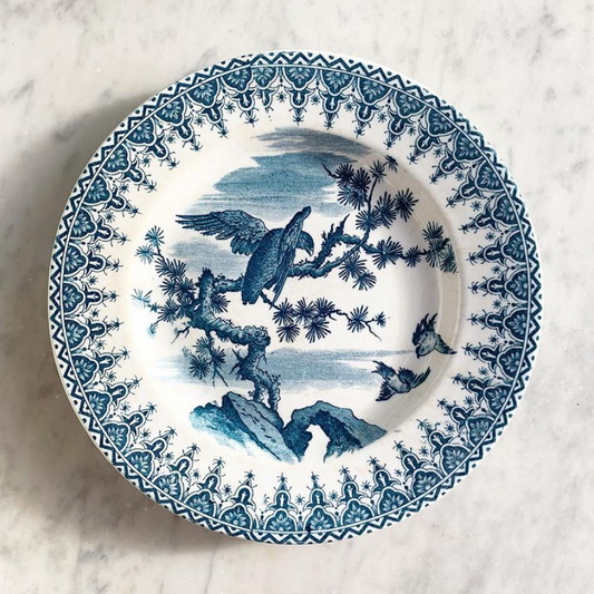 Assiette terre de fer bleue Aigle et Oiseaux vintage