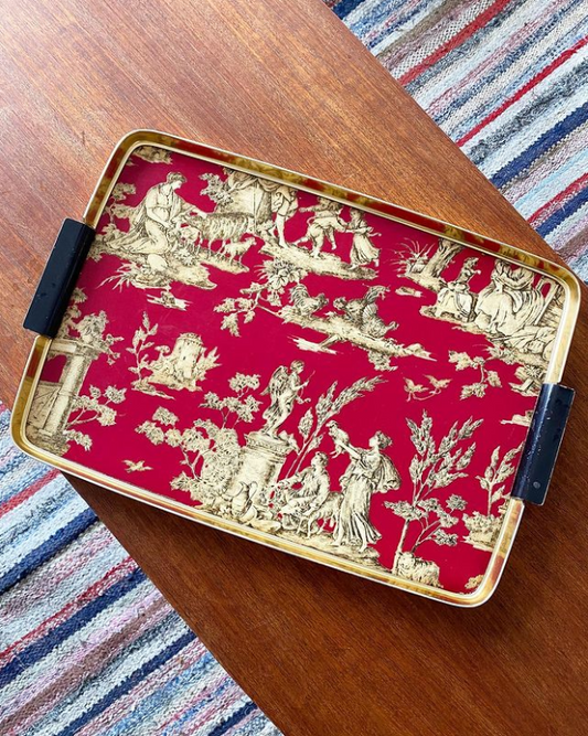 Plateau en formica rouge décor toile de Jouy