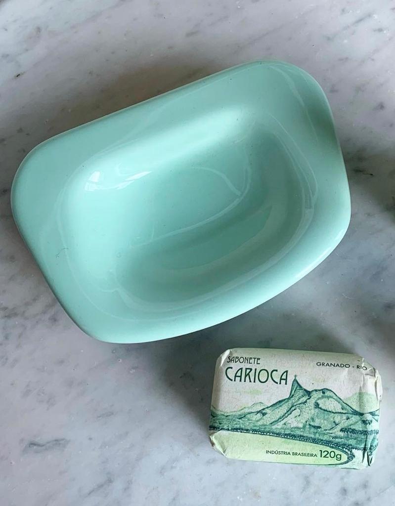 Porte savon vintage en céramique vert mint