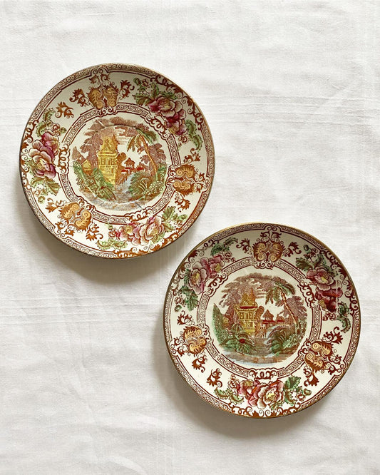 Lot de 2 assiettes à dessert terre de fer polychrome sépia Cyrus Longwy